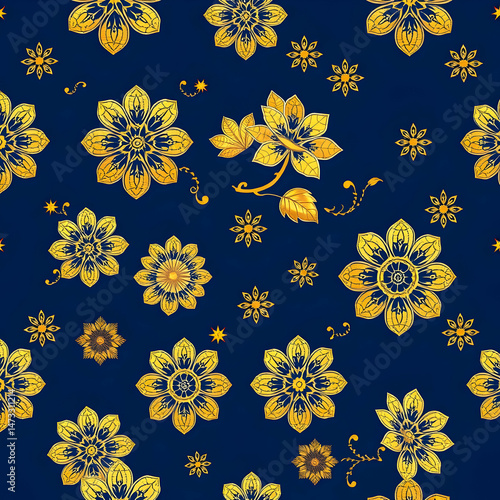 Chinese gold floral fabric on deep indigo blue seamless pattern.