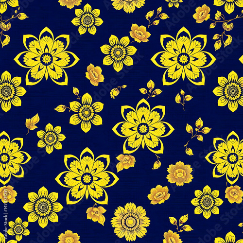 Chinese gold floral fabric on deep indigo blue seamless pattern.