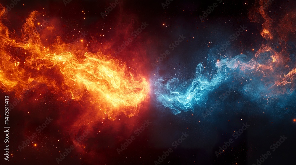 Fototapeta premium Symmetrical flame artwork with glowing red and blue colors, representing balance and opposition 