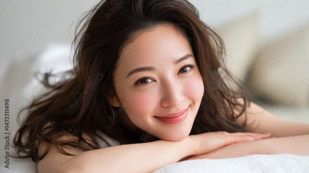 Woman in a state of peaceful relaxation, bedtime bliss and dreamy comfort Woman in a state of peaceful relaxation, bedtime bliss and dreamy comfort