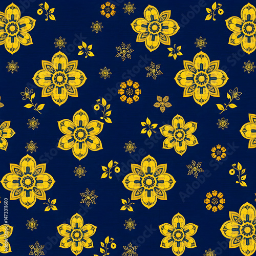 Chinese gold floral fabric on deep indigo blue seamless pattern.