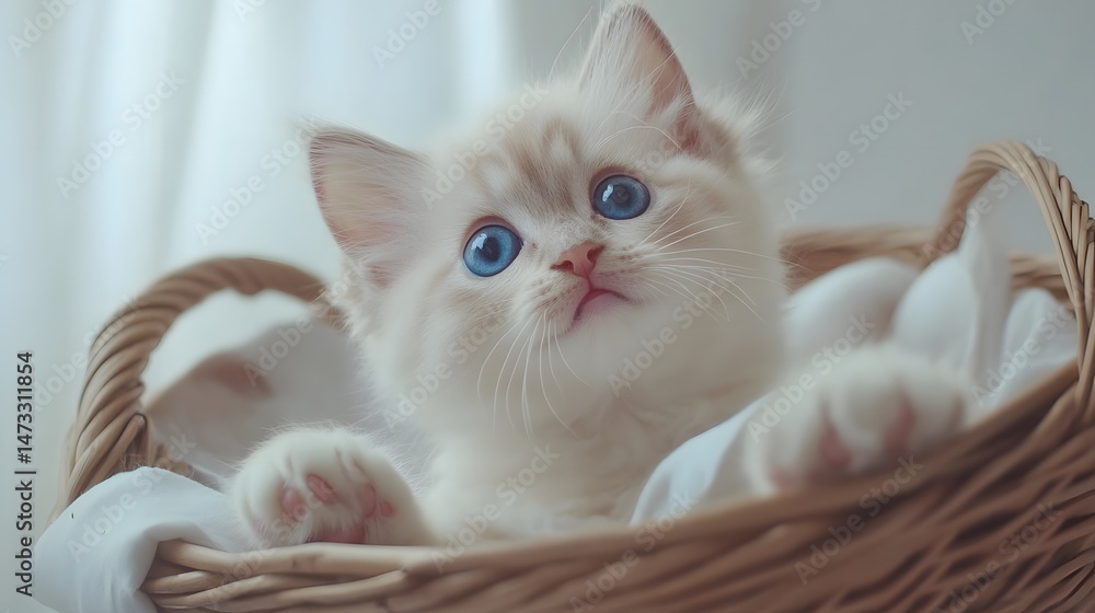 Obraz premium A fluffy kitten with big blue eyes in a basket