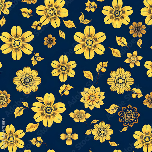 Chinese gold floral fabric on deep indigo blue seamless pattern.