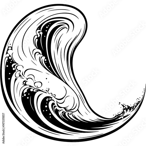 Sketchy engraving emblem of tsunami wave in the form of a drop of water in monochrome. Engraving minimalistic vector in black ink drawing on transparent background
