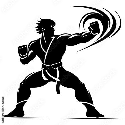Tattoo emblem of fighter delivers super punch and attacks with fire storm in monochrome. Engraving minimalistic vector in black ink drawing on transparent background
