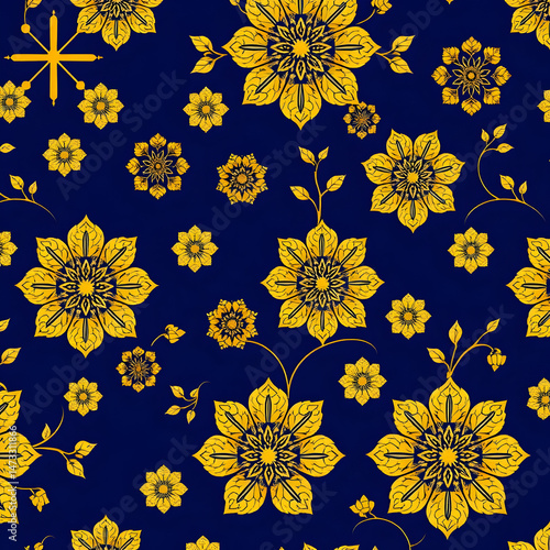 Chinese gold floral fabric on deep indigo blue seamless pattern.