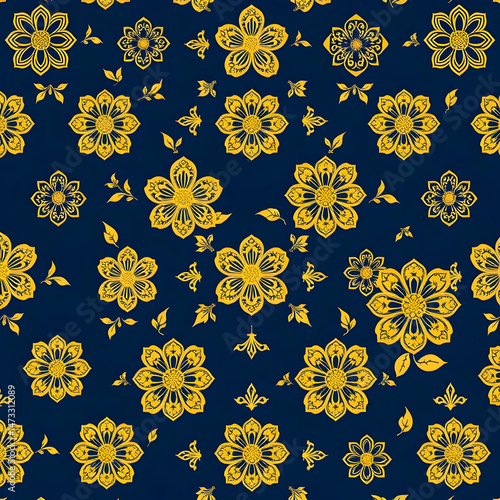 Chinese gold floral fabric on deep indigo blue seamless pattern.