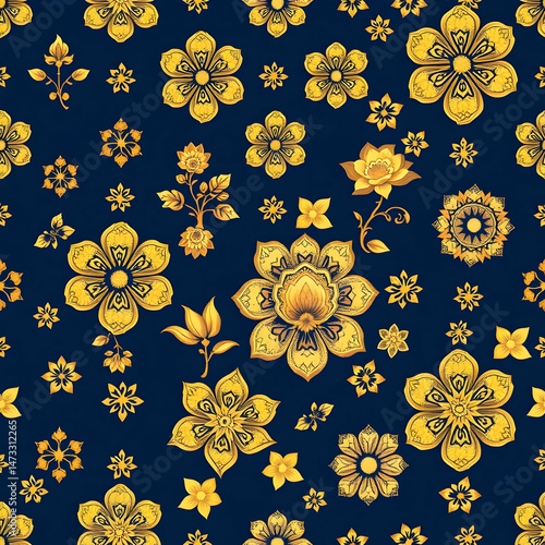 Chinese gold floral fabric on deep indigo blue seamless pattern.