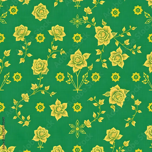 Chinese gold floral pattern on jade green seamless decorative fabric.
