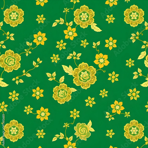 Chinese gold floral pattern on jade green seamless decorative fabric.