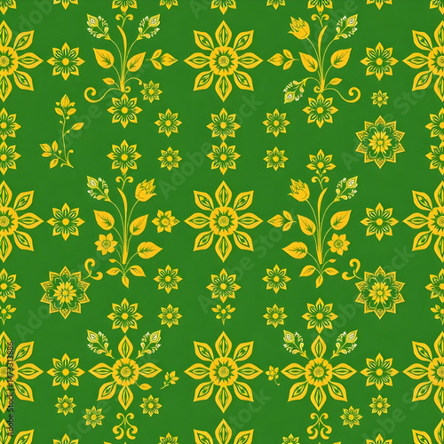 Chinese gold floral pattern on jade green seamless decorative fabric.
