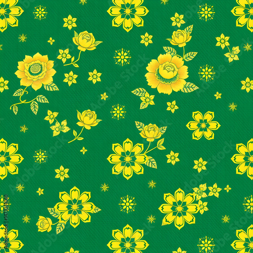 Chinese gold floral pattern on jade green seamless decorative fabric.