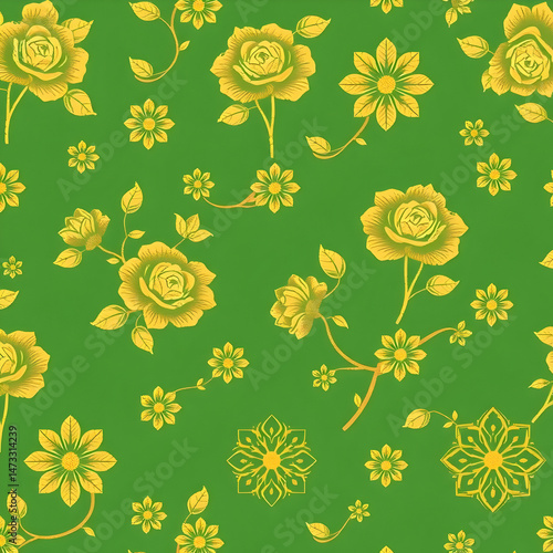 Chinese gold floral pattern on jade green seamless decorative fabric.
