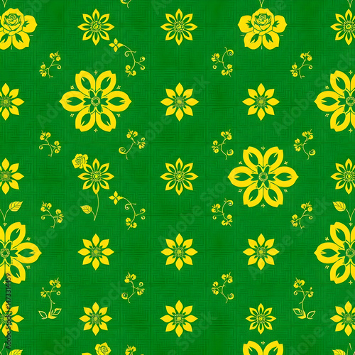 Chinese gold floral pattern on jade green seamless decorative fabric.