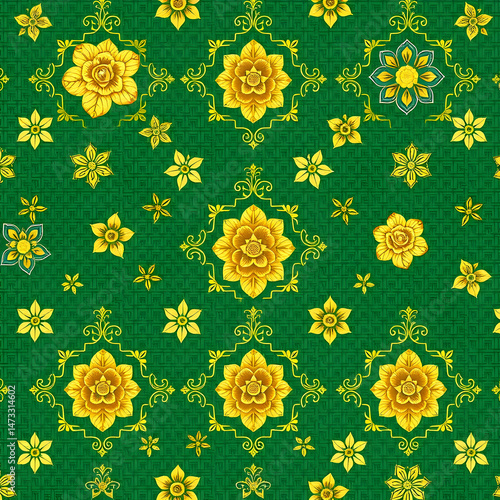 Chinese gold floral pattern on jade green seamless decorative fabric.