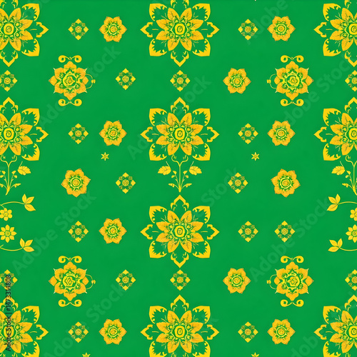 Chinese gold floral pattern on jade green seamless decorative fabric.
