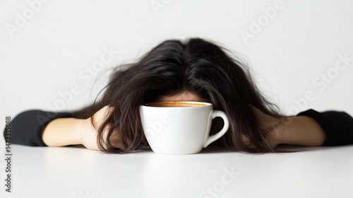 Exhausted woman with coffee cup, resting on table, burnout concept