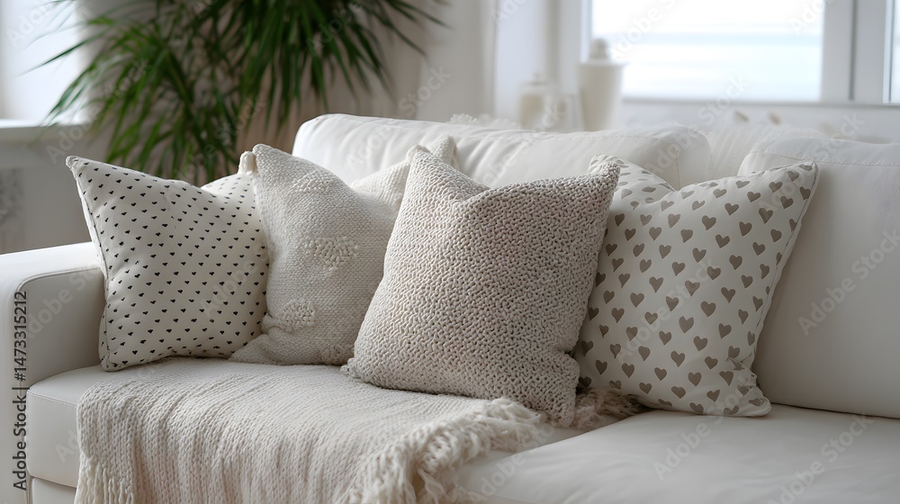 Fototapeta premium Cozy Couch: Pillows and Throw Blanket