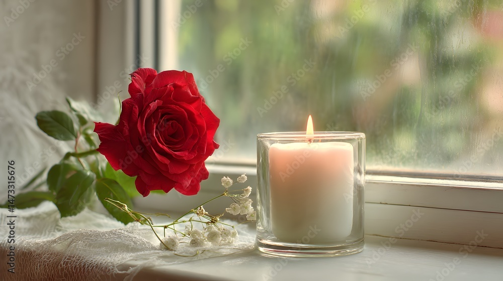 Fototapeta premium Romantic still life featuring a red rose, baby's breath, and a lit candle on a windowsill. Serene and peaceful.