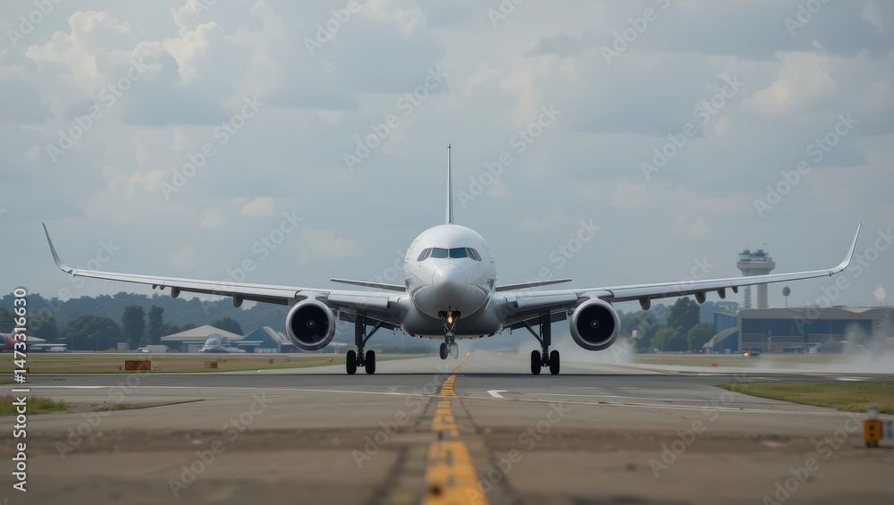 Commercial Airplane Preparing for Takeoff on Runway Under Cloudy Sky at Airport Commercial Airplane Preparing for Takeoff on Runway Under Cloudy Sky at Airport