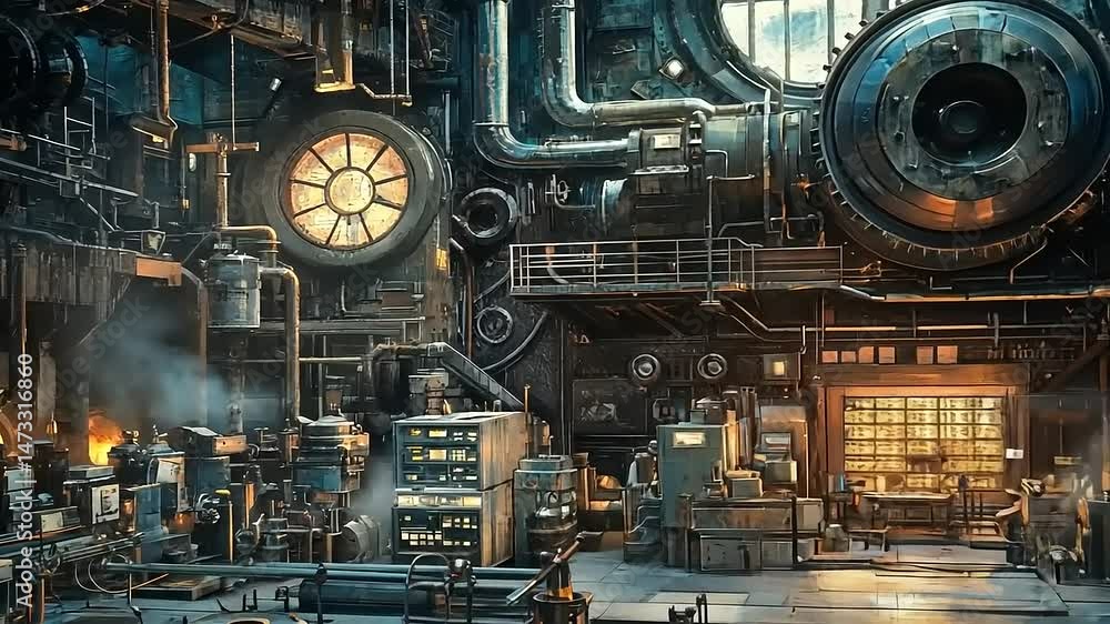Inside a Complex Machine: Steampunk Factory with Intricate Gears and Pipes Inside a Complex Machine: Steampunk Factory with Intricate Gears and Pipes