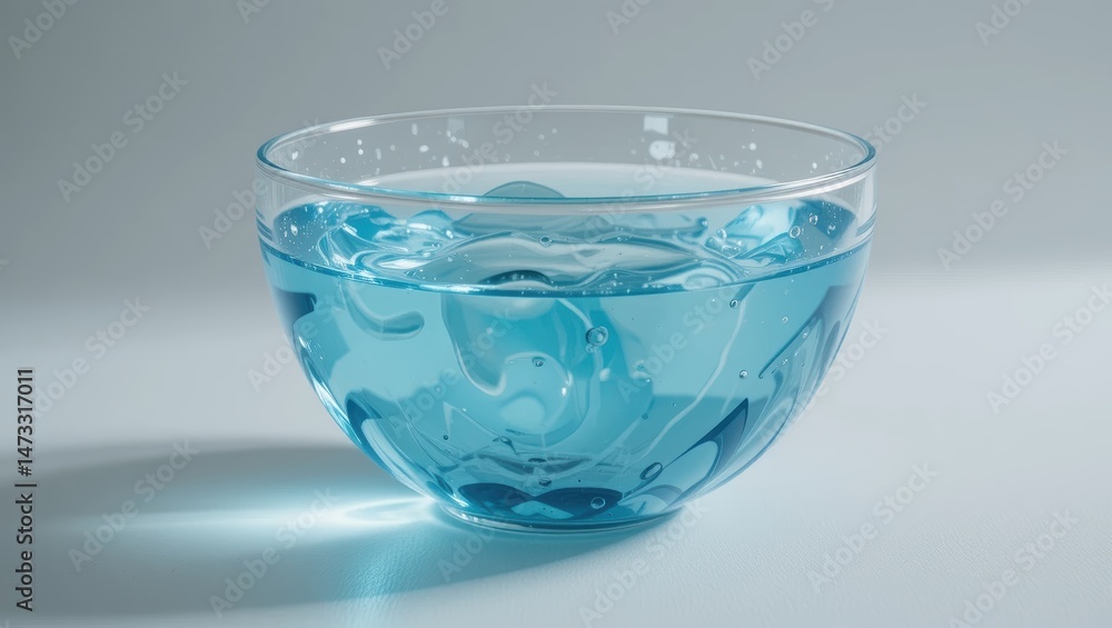 Crystal Clear Bowl of Blue Water with Gentle Ripples on a Light Surface Crystal Clear Bowl of Blue Water with Gentle Ripples on a Light Surface