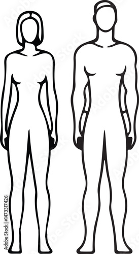 Black and white gendered silhouettes – male and female body forms for fitness modeling, medical diagrams, and fashion art.

