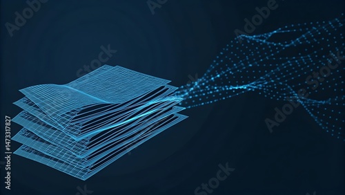 a stack of paper documents being devoured by pixelated static waves.