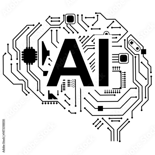 Circuit board artificial intelligence brain vector with AI text in tech lines. Ideal for digital innovation, machine learning, smart computing, robotics, automation, and neural technology concepts.