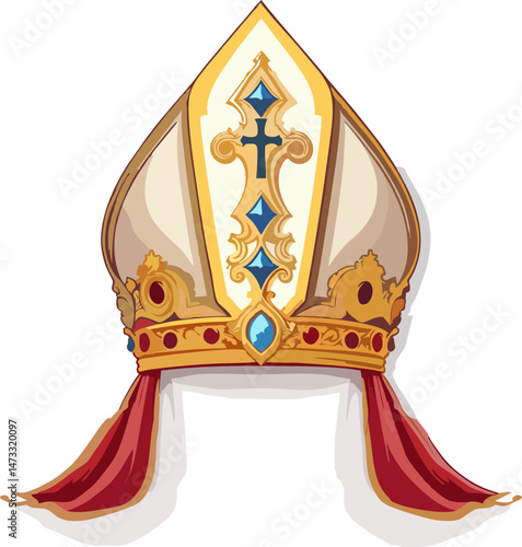 Luxurious Pope Mitre Vector with Golden Embellishments, Blue Gems and Red Drapes – Royal Catholic Bishop Hat Illustration
