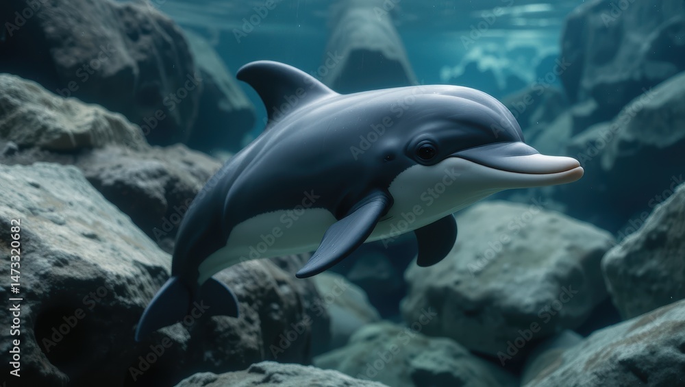 Obraz premium Graceful Dolphin Swimming Among Rocks Underwater in a Clear Ocean Environment