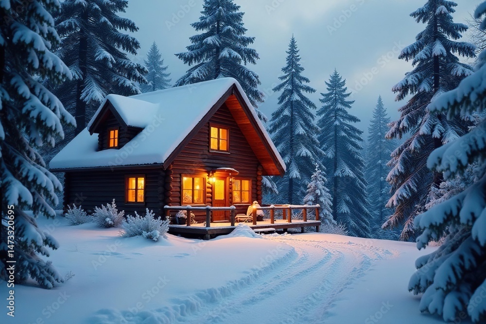 Fototapeta premium Cozy winter cabin scene with snow covered trees and a warm inviting glow from the windows , holiday spirit, atmosphere