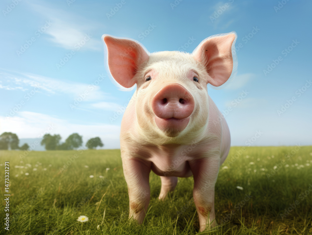 A cheerful piglet stands in a vibrant green field under a clear blue sky A cheerful piglet stands in a vibrant green field under a clear blue sky