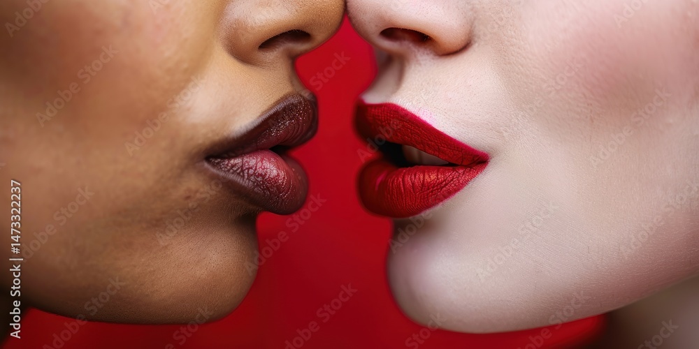 Obraz premium Two women with red lipstick kissing on a red background