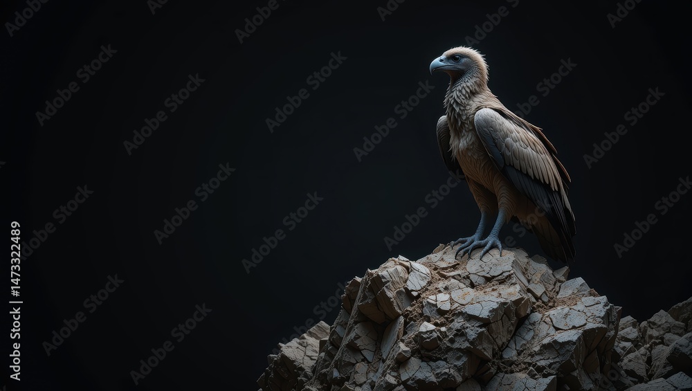 Fototapeta premium Majestic Vulture Perched on Rocky Cliff Against Dark Background in Natural Habitat
