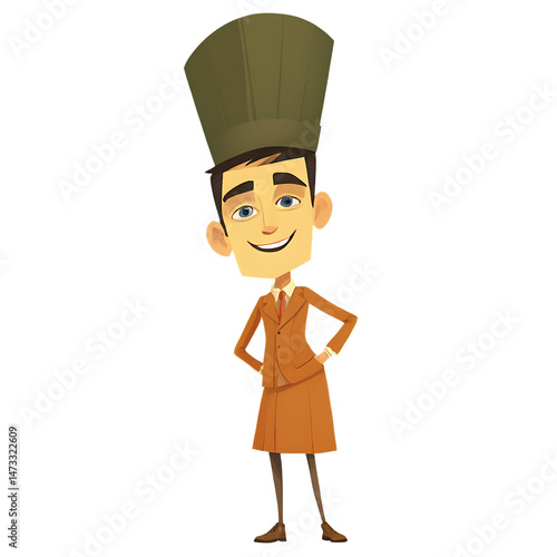 Animated Waiter in Vintage Fashion: Cartoon Character Design with Playful Style and Cheerful Demeanor