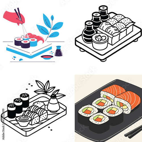 Isometric Illustrations of Various Sushi Platters and Preparation