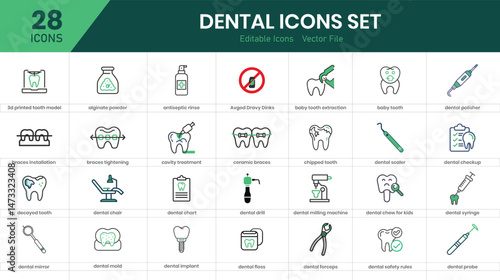  Dental icon set collection. Dental tools, chair, fulfillment, mouthwash, dental syringe, teeth, electric brush and best solid icon set. 