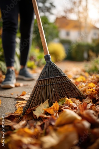 Wallpaper Mural Fall Leaf Raking: Person Raking Autumn Leaves with Broom on Driveway, Golden Hour Sunlight. Yard Work and Seasonal Cleanup. Torontodigital.ca