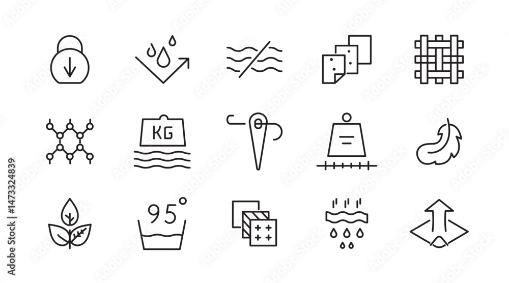 Fabric feature line icon set. Sleek, textile, clothing, patterns, cotton, leather, silk, thermo, recycled, bamboo, and characteristics outline linear icon collection. Textile thin icon pack Fabric feature line icon set. Sleek, textile, clothing, patterns, cotton, leather, silk, thermo, recycled, bamboo, and characteristics outline linear icon collection. Textile thin icon pack