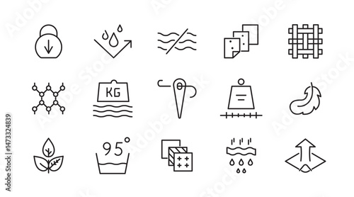Fabric feature line icon set. Sleek, textile, clothing, patterns, cotton, leather, silk, thermo, recycled, bamboo, and characteristics outline linear icon collection. Textile thin icon pack