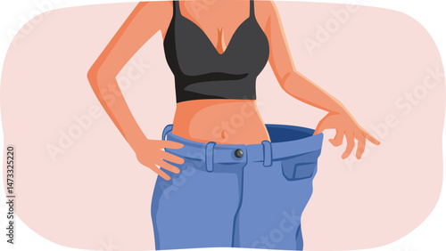 Unrecognizable Lady Showing Off her Weight Loss Vector Illustration. person who went through a dramatic body transformation 
