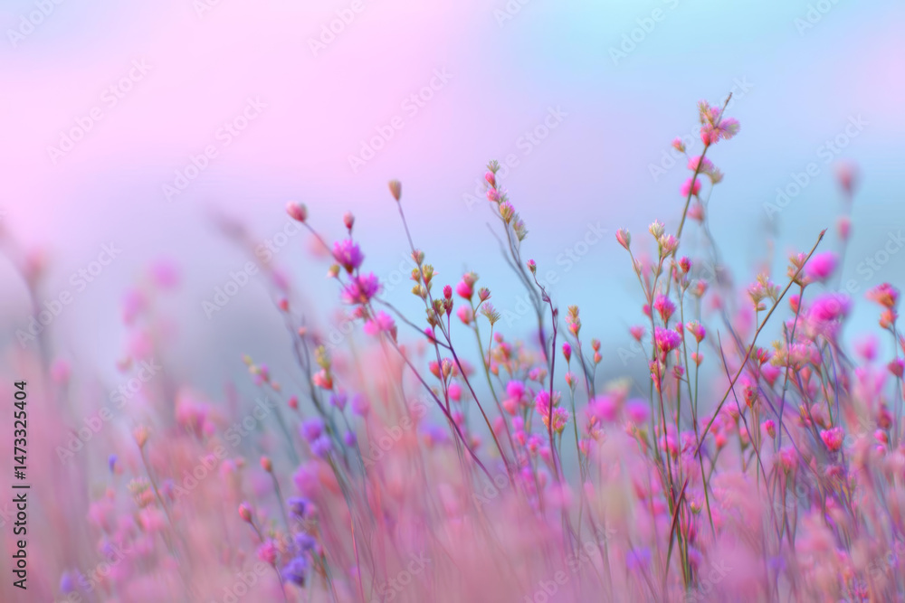 Fototapeta premium Delicate pink and purple flowers sway gently in soft, dreamy landscape
