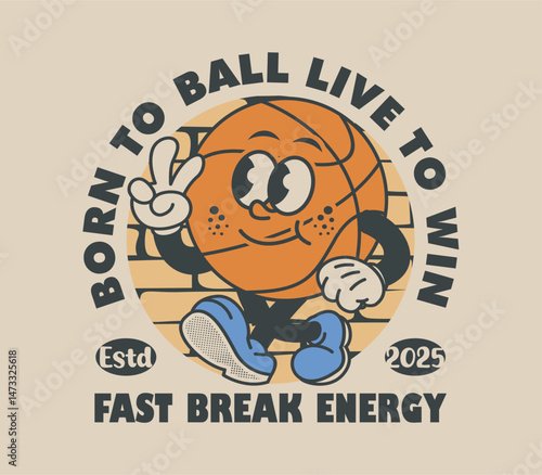 Retro basketball cartoon character with a wall background. Fun, energetic, and perfect for t-shirts, stickers, and posters. Vector illustration