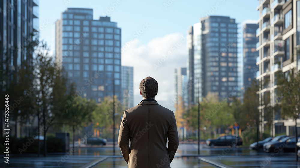 A man in a coat stands in a modern city, gazing at the cityscape. The sun shines, reflecting on wet pavement A man in a coat stands in a modern city, gazing at the cityscape. The sun shines, reflecting on wet pavement