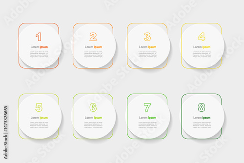 minimal style business concept with 8 steps infographics,  circle shape and multicolor label ,design for workflow layout, diagram, annual report, web design. vector