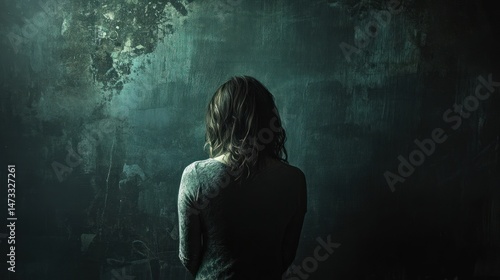 Woman facing away, contemplative pose against a dark teal wall