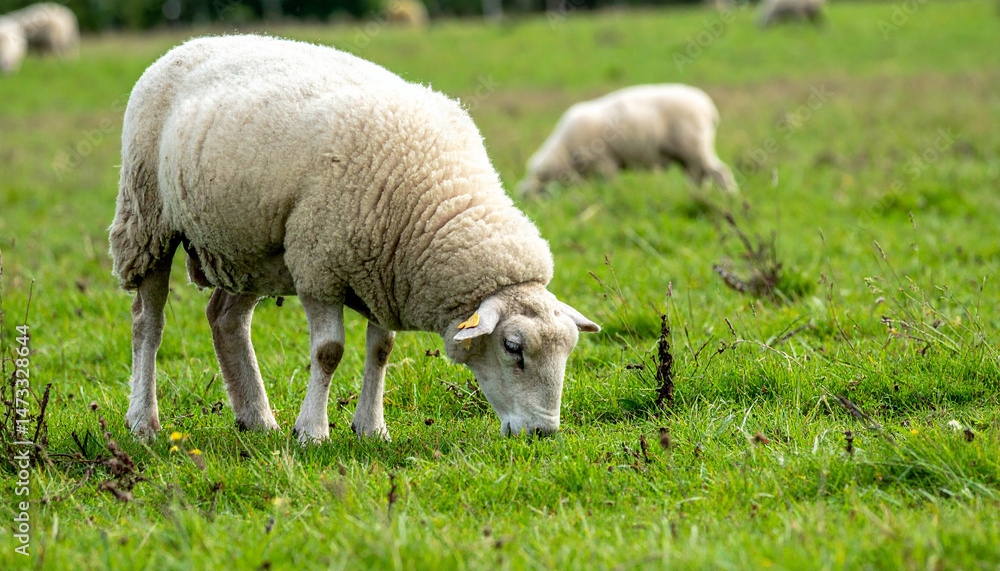 Obraz premium Sheep grazes lush grass, another sheep blurs in the background on a field