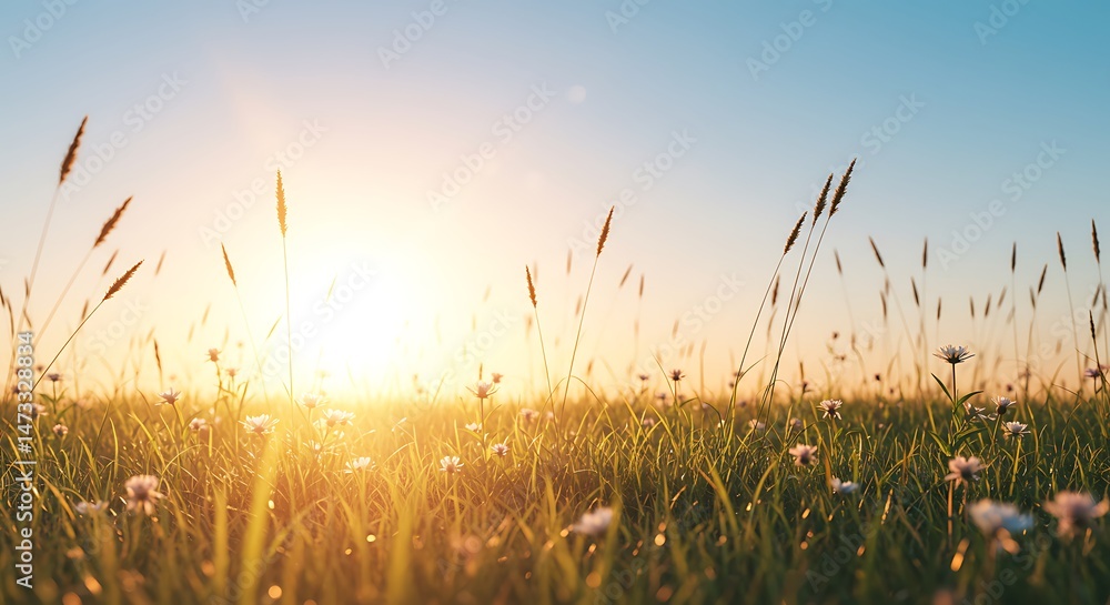 Fototapeta premium Glowing Sunlit Field of Grass at Sunset