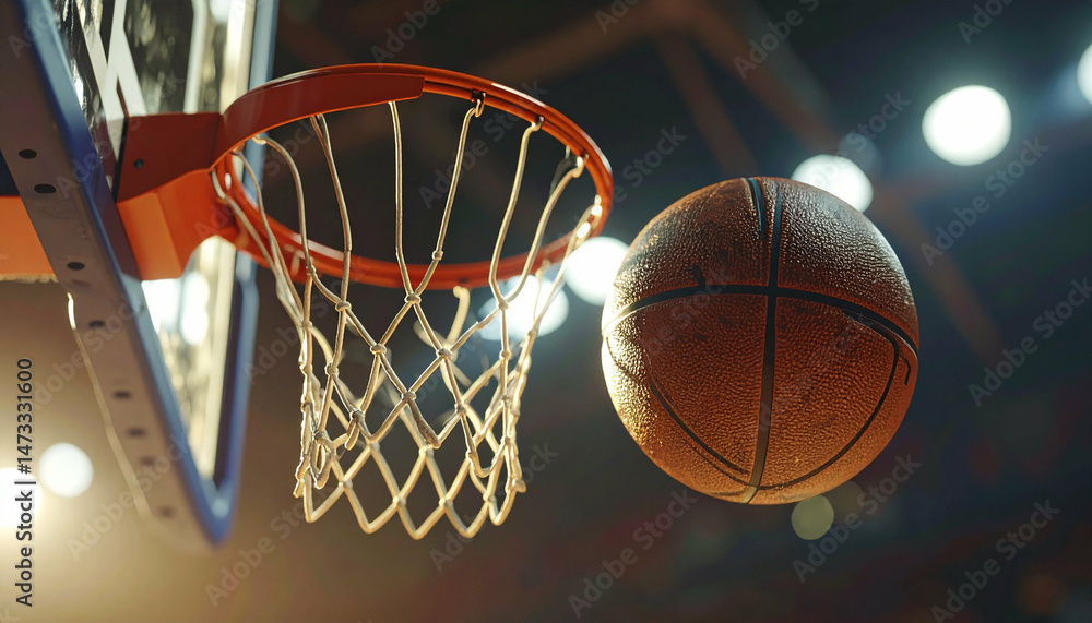 Basketball soars toward the hoop's net, bright lights gleam off the wooden court Basketball soars toward the hoop's net, bright lights gleam off the wooden court